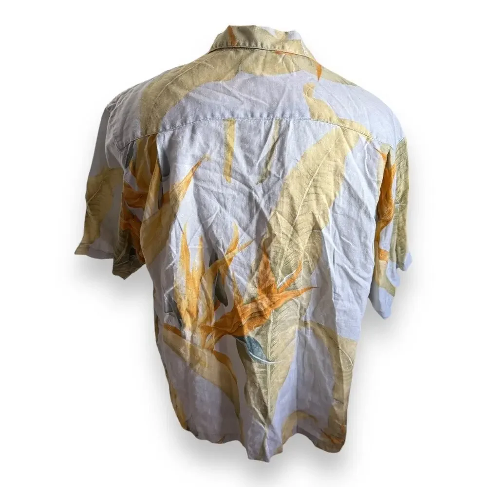 Tommy Bahama Mens Shirt Sz L Linen Blue‎ Yellow Bird of Paradise Flower Buttons